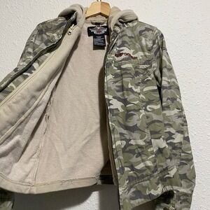 Harley Davidson Womens M removable vest insert Camo Hooded Zip‎ Up Jacket Green